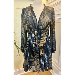 Karlie Blue & Black Long Sleeve Palm Dress‎ Women's Size Small Bohemian